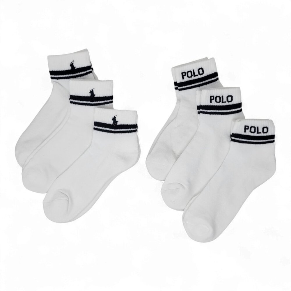Polo Ralph Lauren Women's 6 Pair Quarter Ankle Socks White Black SpellOut Pony 4